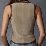 Vintage Boho Eco-Suede Button-Front Vest With Contrast Eco-Leather Trim