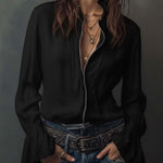 White Zip-Front Blouse With Flounce Cuffs