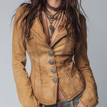 Slim-fit Vintage-style Washed Khaki Denim Jacket