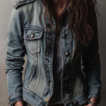 Washed And Faded Utility Denim Jacket With Epaulettes