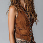 Washed Caramel Denim With Brass Button Stitching Vest