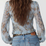 Ruffled Zip-Front Chiffon Blouse In Serene Blue Print