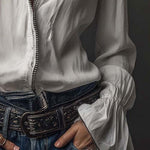 White Zip-Front Blouse With Flounce Cuffs