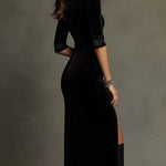 Embroidered Velvet High-Slit Midi Dress
