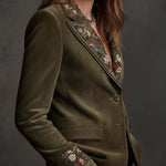 Olive Green Velvet Blazer With Intricate Floral Embroidery