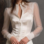 Elegant Lace-Panel Satin Blouse With Sheer Sleeves