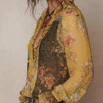 Zip-Front Ruffled Floral Chiffon Blouse