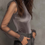 Velvet Mesh Panel High-Neck Top – Graphite Grey