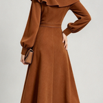 Brown Elegant Draped Off Shoulder Front Slit Midi Dress