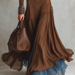 Brown Suede Paneled Double-Layer Color Block Chiffon Maxi Dress