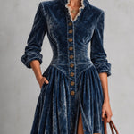 Blue Velvet Stand Collar Button Front Slit Maxi Dress