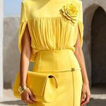 Yellow High Neck Pleated Cape Sleeve Top & High Waist Midi Skirt 2 Piece Set
