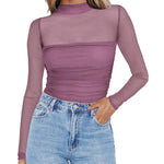 Nadorine Women's Sexy Mock Turtle Neck Long Sleeve Sheer Tops