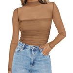 Nadorine Women's Sexy Mock Turtle Neck Long Sleeve Sheer Tops