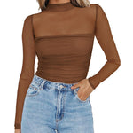 Nadorine Women's Sexy Mock Turtle Neck Long Sleeve Sheer Tops