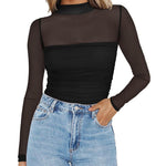 Nadorine Women's Sexy Mock Turtle Neck Long Sleeve Sheer Tops