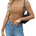 Nadorine Women's Sexy Mock Turtle Neck Long Sleeve Sheer Tops