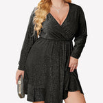 Nadorine Plus Size Glitter Dress Long Sleeve Ruffle Hem Swing Dresses