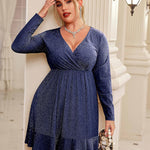 Nadorine Plus Size Glitter Dress Long Sleeve Ruffle Hem Swing Dresses