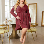 Nadorine Plus Size Glitter Dress Long Sleeve Ruffle Hem Swing Dresses