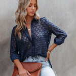 Nadorine Long Sleeve Button Up Shirt Summer Sheer Tulle Top for Women Casual Loose Business Casual 2026 | Under