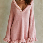 Casual And Stylish Pink Knitted V-neck Tassel Mini Dress