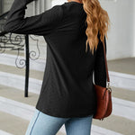 Solid Color V-Neck Buttoned Jacquard Loose-Fitting Long-Sleeved T-Shirt Top