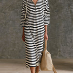 Casual Sporty Retro Black And White Striped Pure Cotton Hooded Midi Dress