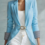 Simple And Elegant Striped Long-sleeved Blue Belted Blazer