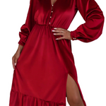 Racing Red Velvet Buttoned Puff Sleeve V Neck Split Midi Dress
