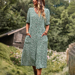 Nadorine Women's Button Down V Neck Full Print High Waist A-Line Summer Casual Dress