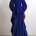 Long Sleeves Loose Pleated Solid Color Split-Joint Tiered Round-Neck Maxi Dresses