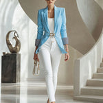 Simple And Elegant Striped Long-sleeved Blue Belted Blazer