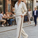 Retro Sporty Webbing Grey-white Half-zip Sweatshirt And Wide-leg Pants Set