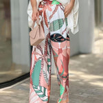 Two-piece Set V-Neck Batwing Sleeve Loose Top and Printed High-Waisted Wide Leg Pants Set
