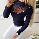 Pearls Decor Boat Neck Crochet Lace Trim Sheer Mesh Spliced Sweater Slim Fit Knit Top