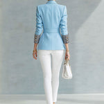 Simple And Elegant Striped Long-sleeved Blue Belted Blazer