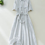Short Sleeve Vertical Stripe Waist Shirt Dress with Belt