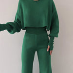 Women's Knitted Two Pieces Sets Turtleneck Cropped Sweater with High-waisted Flared Pants