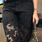 Fashionable Openwork Lace Patchwork Wide-leg Jeans