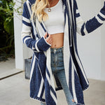 Striped Color Contrast Hooded Knitted Cardigan Irregular Long-sleeved Sweater Jacket