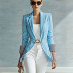 Simple And Elegant Striped Long-sleeved Blue Belted Blazer