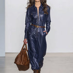 Casual Retro Dark Blue Faux Leather Long-Sleeved Lace-Up Wide-Leg Jumpsuit