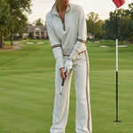 Retro Sporty Webbing Grey-white Half-zip Sweatshirt And Wide-leg Pants Set
