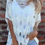 Solid Color Loose-fitting Openwork Casual Knit Top