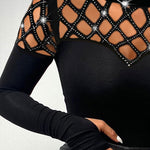 Rhinestone Hollow Out Cold Shoulder Long Sleeve Top Casual Tee