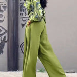 2 Pieces Outfit Abstract Print Cowl Neck Lantern Sleeve Stretchy Hem Crop Top and Casual Zipper Side Ruched Wide Leg Pants Set