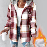 Plaid Pattern Long Sleeve Shacket Button Down Fleece Lined Hooded Jackets Warm Coat