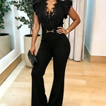 Women's Lace V Neck Jumpsuit Sleeveless Ruffle Overalls High Waisted Tie Waist Flare Leg Jumpsuit with Pockets