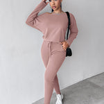 2 Pieces Outfit Long Sleeve Skew Neck Pullover Top and Drawstring Elastic Waist Slim Fit Pants Set